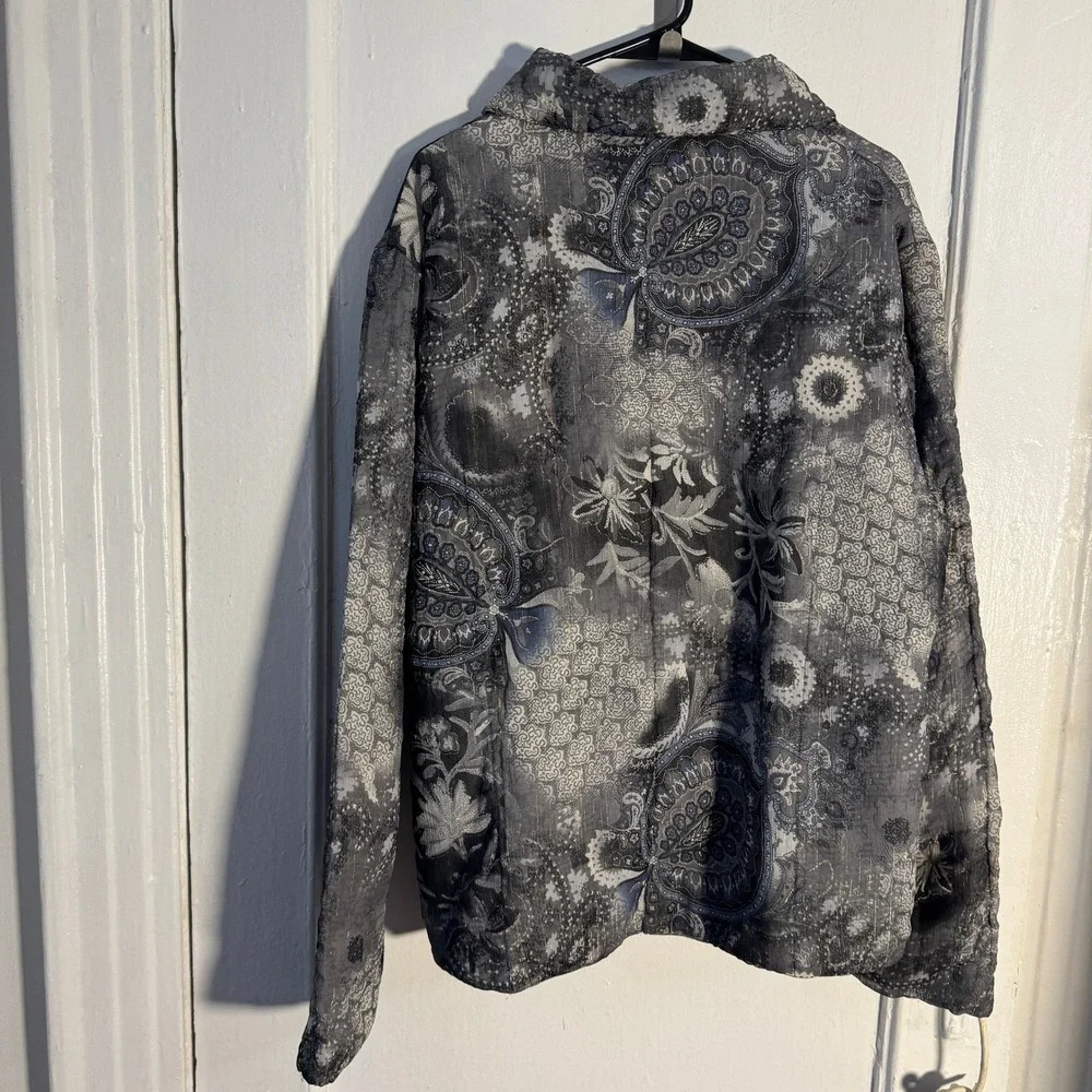 Vtg Y2K UbU Reversible Paisley Zip Jacket Metallic Floral Abstract Retro Silvr L